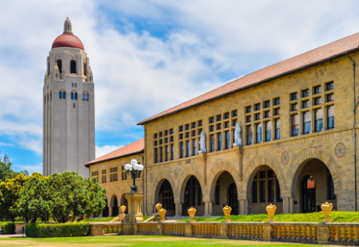 Stanford University Hoover Tower and main quad arcade